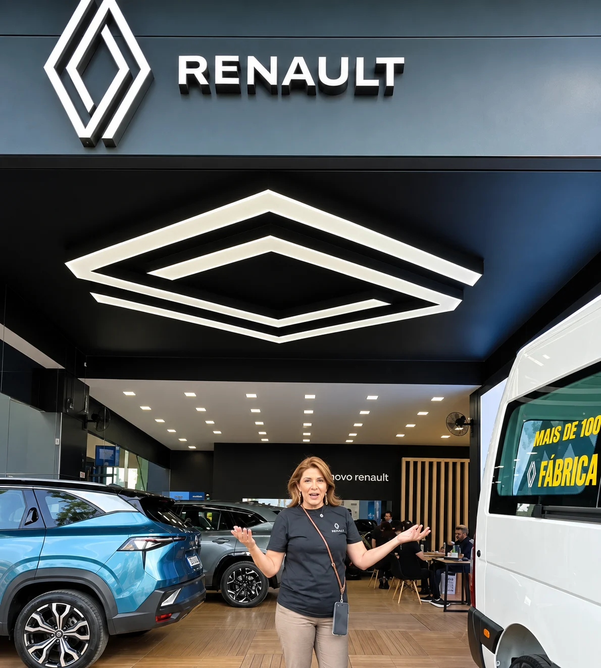 Interior do estande da Renault montado em feira, com letreiro iluminado, luminária de teto em losango, carros expostos e piso de deck de madeira.